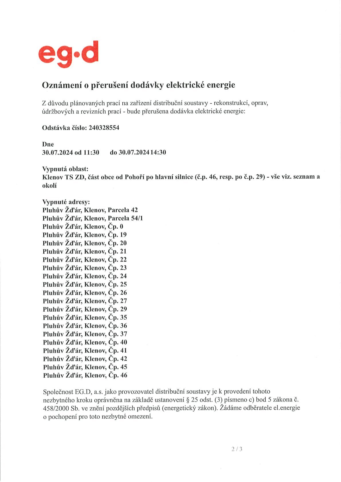 Oznámení o přerušení dodávek elektrické energie v Klenově dne 30.7.2024
